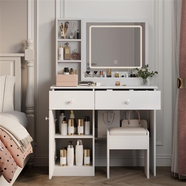 Fashion Vanity Desk with Mirror and Lights for Makeup, Vanity Mirror with Lights and Table Set with 3 Color Lighting Brightness Adjustable, 2 big Drawers, White Color