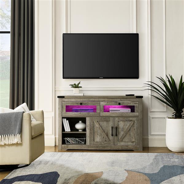 Modern wooden sideboard, kitchen buffet, built-in with adjustable laminate and LED lights, 2 drawers and a barn door, suitable for kitchen, dining room, living room.