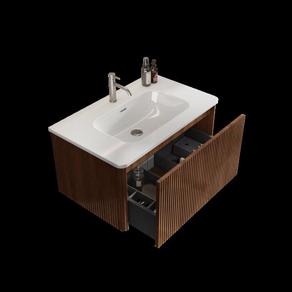 U047-30W-305  30" Striped Walnut Bathroom Vanity with White Ceramic Sink, Wall Mounted Floating Bathroom Vanity for Modern Bathroom, One-Piece White Basin without Drain and Faucet