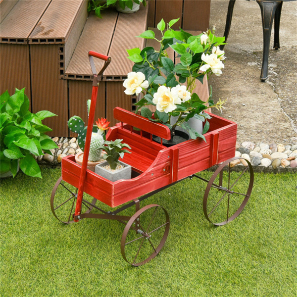 Wooden plant frame with wheels, red planting pot