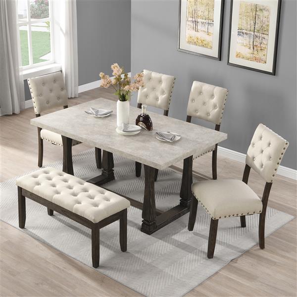 60 inch Dining Table, Classic Farmhouse Rectangle Kitchen Table Ideal for Home, Kitchen, Grey Tabletop.