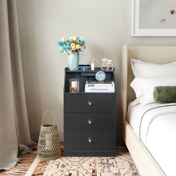 FCH black particleboard with triamine matt gold tapered handle 45*35*73cm three drawers with compartments bedside table 1 wireless + 2 USB ports + 2 US standard three-plug ports