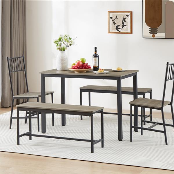 Dining Table Set, Barstool Dining Table with 2 Benches 2 Back Chairs, Industrial Dining Table for Kitchen Breakfast Table, Living Room, Party Room, Rustic Gray and Black,43.3″L x 23.6″W x 29.9″H