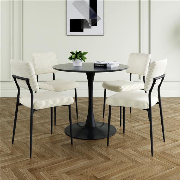 Modern beige simple velvet dining chair fabric upholstered chair Family bedroom stool back dressing, black round table set, chair black metal legs (set of 5)