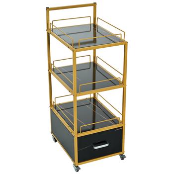 Beauty Salon Storage Trolley Cart,with Lockable Rolling Wheels,Metal Frame Marbled Board,Drawer Barber Salon Furniture,Black