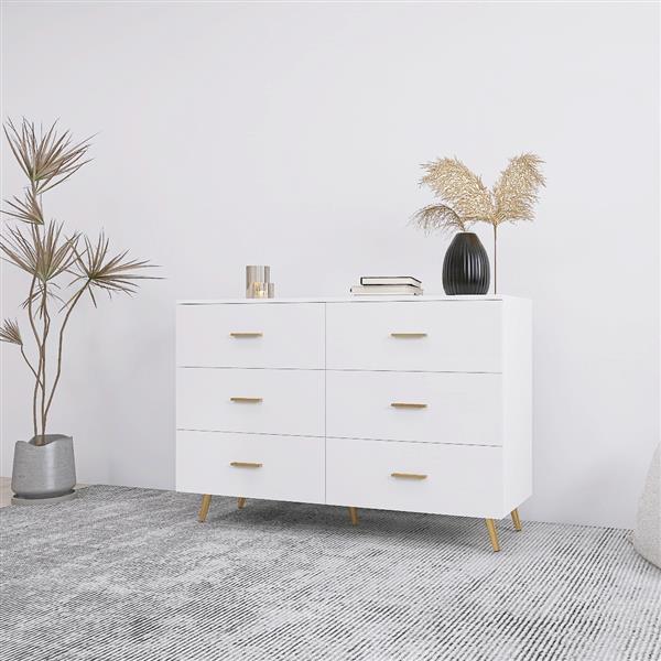 High Glossy Surface 6 Drawers Chest of Drawer with Golden Handle and Golden Steel Legs White Color Vanity