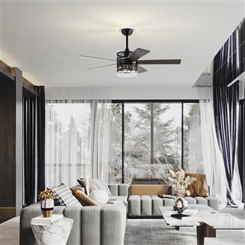 52-inch 5-blade Lighted Ceiling Fan with Remote Control , Glass Shade (Optional Remote) --Matte Black
