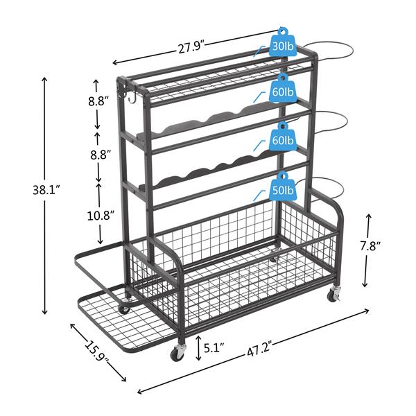 4-Tier Metal Storage Organizer with Rolling Wheels for Basketball Sports Equipment Organizer for Yoga Mat Larger Ball Storage Rack with Baskets and Hooks, Indoor or Outdoor for Tennis Racket,Football