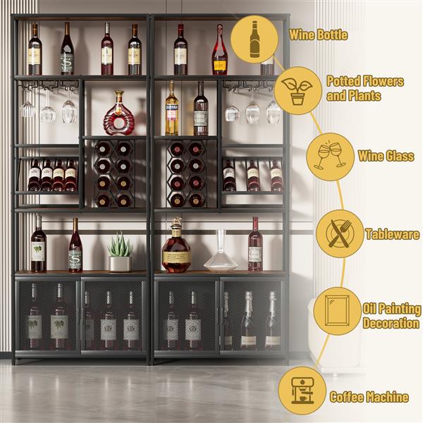 82.7" Industrial Standing Wine Rack with Glass Rack Tall  Floor Bar Cabinet