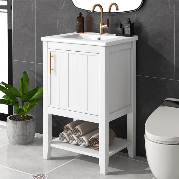 20" Bathroom Vanity with Sink, Bathroom Cabinet with Soft Closing Door, Storage Rack and Open Shelf, White