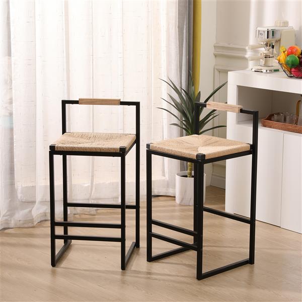 Set of 2 Bar Stools with Back  Paper Rope Woven Counter Height Dining Chairs for Kitchen, Home (Paper Rope with Back)