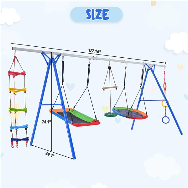 5 in 1 Outdoor Toddler Swing Set for Backyard, Playground Swing Sets with Steel Frame, Multifunction Playsets for Kids with Climbing Ladder, Saucer Swing, Monkey Bar Swing, Disc Swing and Swing Ring