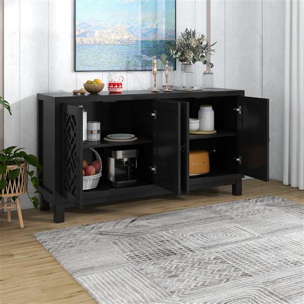 Large Storage Space Sideboard, 4 Door Buffet Cabinet with Pull Ring Handles for Living Room, Dining Room (Black)