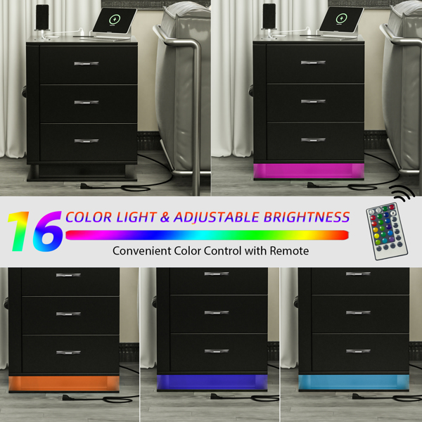 RGB LED With with Charging Station and USB Ports 3 Drawer Side Cabinet Bedside Table Nightstand Right Side Black