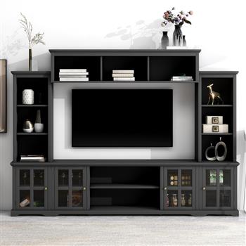 [VIDEO provided] Minimalism Entertainment Wall Unit with Bridge, Modern TV Console Table for TVs Up to 70\\", Multifunctional TV Stand with Tempered Glass Door, Black