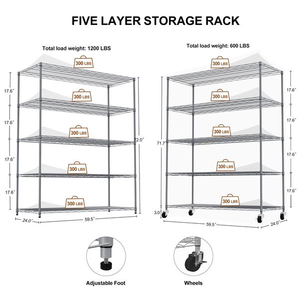 5-tier heavy-duty adjustable shelving and racking, 300 lbs. per wire shelf, with wheels and shelf liners, for warehouses, supermarkets, kitchens, etc. 59.45 "L × 24.02 "W × 71.65 "H,Gray