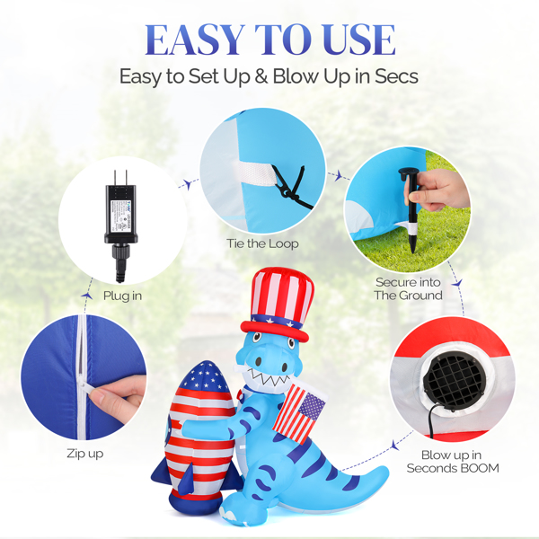 5ft Dinosaur Holding Rocket Independence Day Blow Up Lighted Decoration With 4Led Light