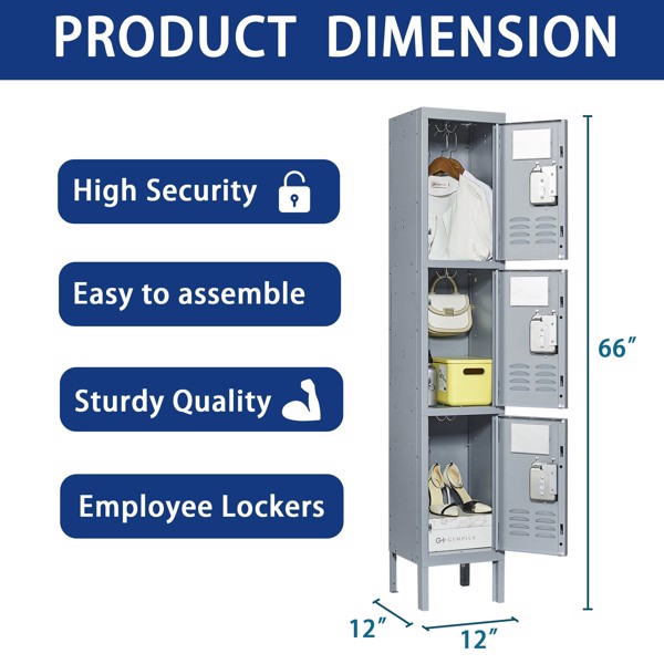 3 Door 66"H Metal Lockers With Lock for Employees,Storage Locker Cabinet for Home Gym Office School Garage,Gray 