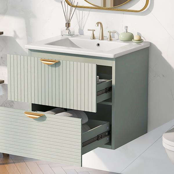 Modern 24-Inch Wall-Mounted Bathroom vanity with 2 Drawers, Green - Ideal for Small Bathrooms