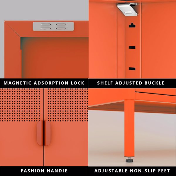 Steel lockers, adjustable laminates, side cabinets, shoe cabinets, lockers orange