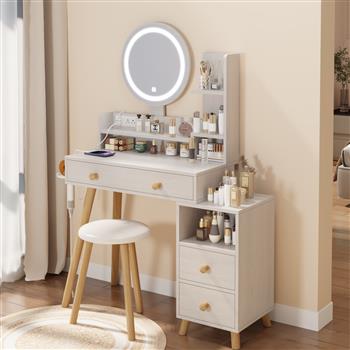 Round Mirror Bedside Cabinet Vanity Table + Cushioned Stool, With 2 AC Power + 2 USB socket, 17\\" diameter LED Mirror, Touch Control, 3-color, Brightness adjustable, Large desktop, Multi-layer Storage