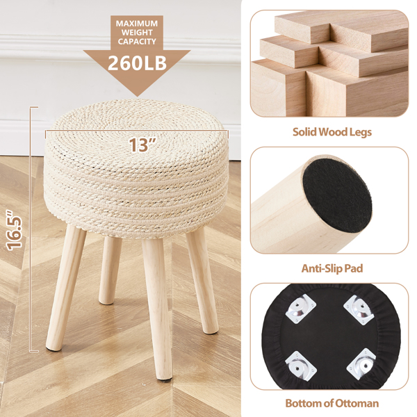 Amazon Shipping Round Ottoman Footstool Natural Seagrass Foot Stool Pouf Ottomans with Solid Wood Legs Hand Weave Hyacinth Footrest Step Stool for Living Room Balcony Garden