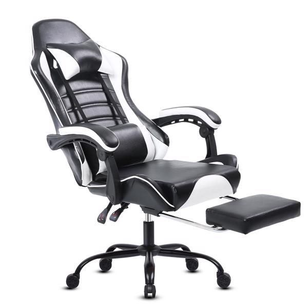 Computer Gaming Chairs with Footrest, Ergonomic Gaming Computer Chair for Adults, PU Leather Office Chair Adjustable Desk Chairs with Wheels, 360°Swivel Big and Tall Gamer Chair, White