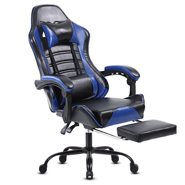 Computer Gaming Chairs with Footrest, Ergonomic Gaming Computer Chair for Adults, PU Leather Office Chair Adjustable Desk Chairs with Wheels, 360°Swivel Big and Tall Gamer Chair, Blue