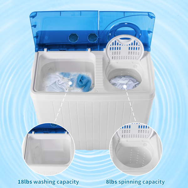 Twin Tub with Built-in Drain Pump XPB65-2288S 26Lbs Semi-automatic Twin Tube Washing Machine for Apartment, Dorms, RVs, Camping and More, White&Blue US Standard