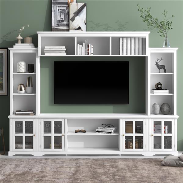 [VIDEO provided] Minimalism Entertainment Wall Unit with Bridge, Modern TV Console Table for TVs Up to 70", Multifunctional TV Stand with Tempered Glass Door, White