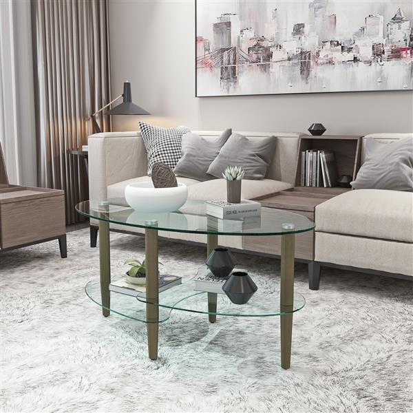 Transparent Oval glass coffee table, modern table in living room Oak wood leg tea table 3-layer  glass table