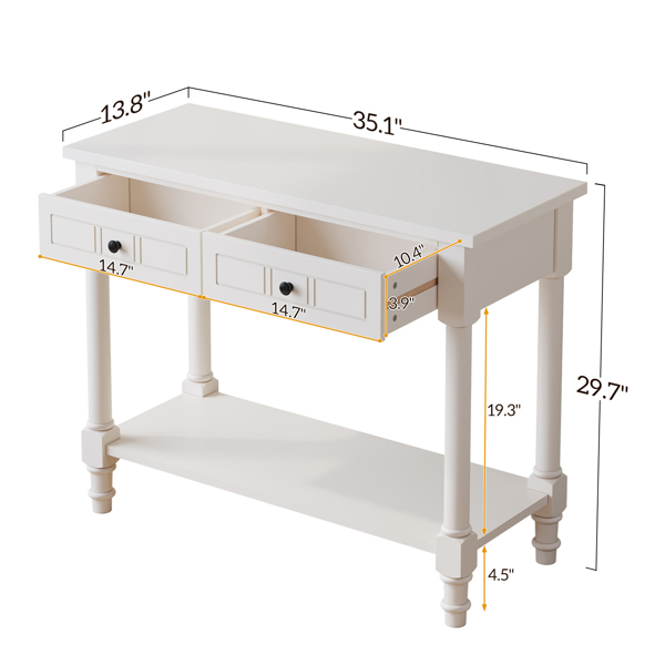 2-Tier Console Table with 2 Drawers， Console Tables for Entryway, Sofa Table with Storage Shelves, Entryway Table Behind Sofa Couch, for Living Room, Kitchen, Cream White