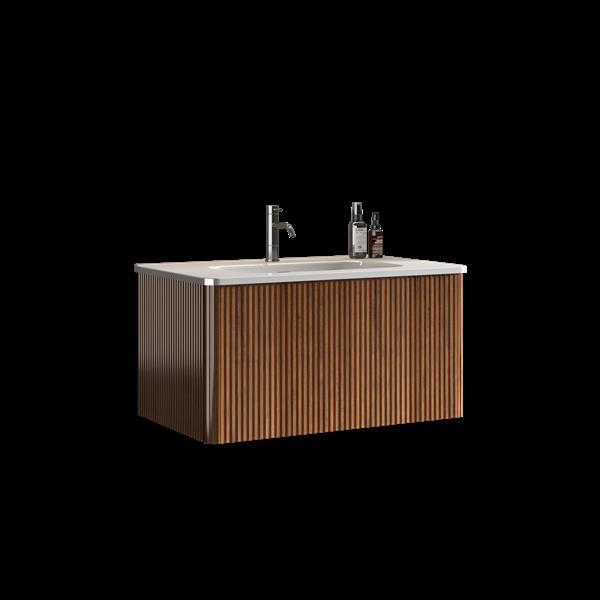 U047-30W-305  30" Striped Walnut Bathroom Vanity with White Ceramic Sink, Wall Mounted Floating Bathroom Vanity for Modern Bathroom, One-Piece White Basin without Drain and Faucet