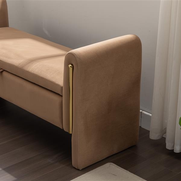 032-Velvet Fabric Storage Bench Bedroom Bench With Gold Metal Trim Strip For Living Room Bedroom Indoor,Coffee