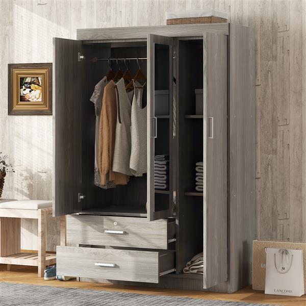 3-Door Mirror Wardrobe with shelves, Gray