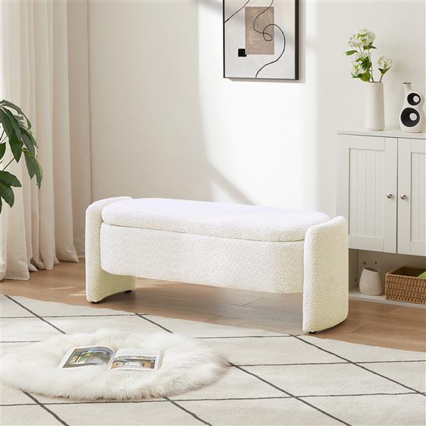 Oval Storage Bench 3D Lamb Fleece Fabric  Bench with Large Storage Space for the Living Room, Entryway and Bedroom,cream white