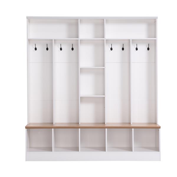 Wide Design Hall Tree with Storage Bench, Minimalist Shoe Cabinet with Cube Storage & Shelves, Multifunctional Coat Rack with 8 Hooks for Entryways, Mudroom, White