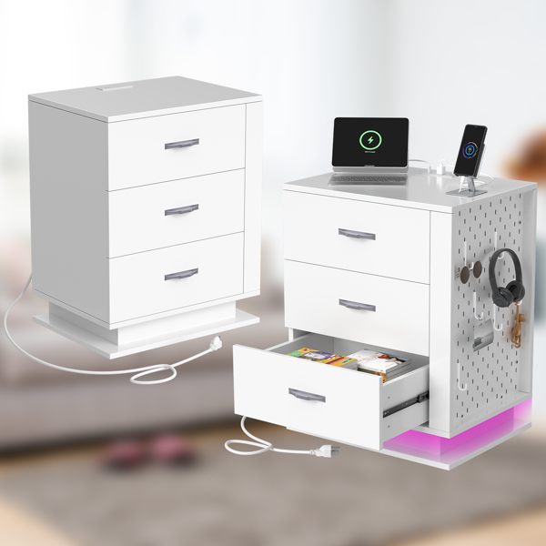 RGB LED With with Charging Station and USB Ports 3 Drawer Side Cabinet Bedside Table Nightstand Left Side White