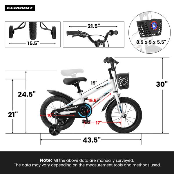 Kids Bike 16 inch for Boys & Girls with Training Wheels, Freestyle Kids' Bicycle with Bell,Basket and fender.