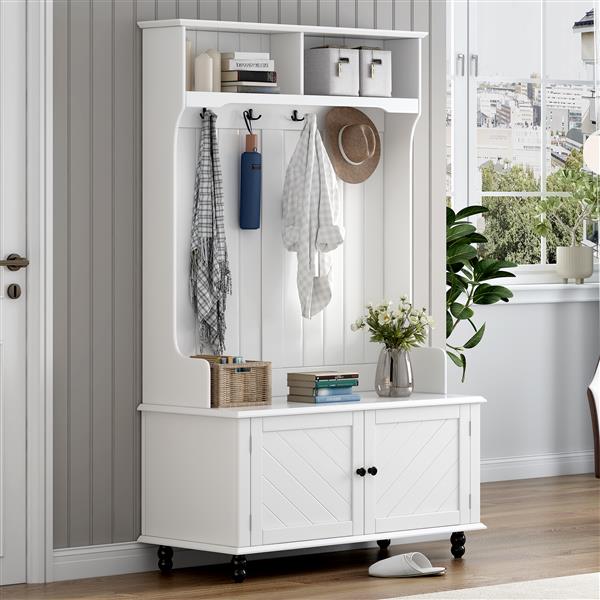 Hall Tree with 4 Hooks , Coat Hanger, Entryway Bench, Storage Bench, 3-in-1 Design, 40INCH, for Entrance, Hallway (White)