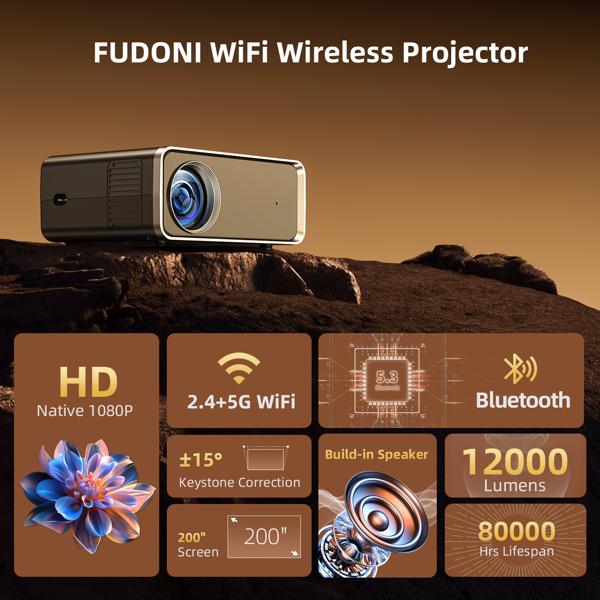 Projector with WiFi and Bluetooth, Upgraded 5G Portable Projectors 4K Supported Native 1080P 12000L, Outdoor LED Movie Projector, Compatible w/iOS Android Phone/TV Stick/Laptop（FBA仓发货，禁售亚马逊）