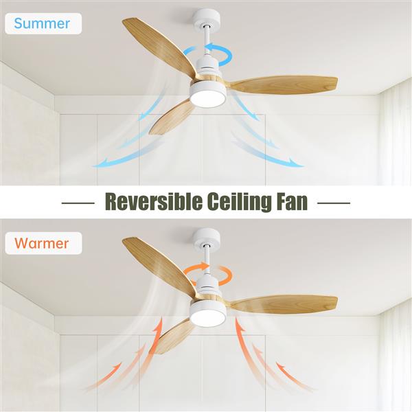 52 Inch Indoor Modern Ceiling Fan White 3 Solid Wood Blades Remote Control Reversible DC Motor With Led Light