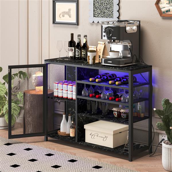 Bar Cabinet,Wine Bar Cabinet,Liquor Storage Credenza,Sideboard with Wine Racks & Stemware Holder,With UAB socket,Metal bracket,Canbeplacedin familybars,hallways,living rooms,Color:black+Marble texture