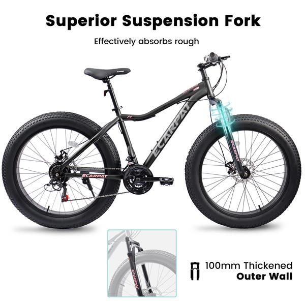 26 Inch Fat Tires Mountain Bike, 4-Inch Wide Wheel, 21-Speed Disc Brakes, Mens Womens Trail Beach Snow Commuter City Mountain Bike, Carbon Steel Frame Front Fork Bicycles