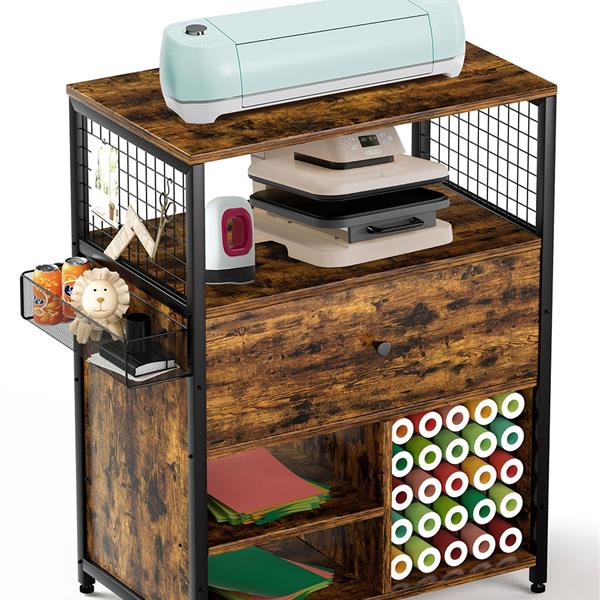 Craft Organization and Storage Cabinet Compatible with Cricut Machines, Crafting Cabinet with Drawer & 25 Vinyl Roll Holder, Craft Table Desk  Workstation for Craft Room Home.Rustic Brown.