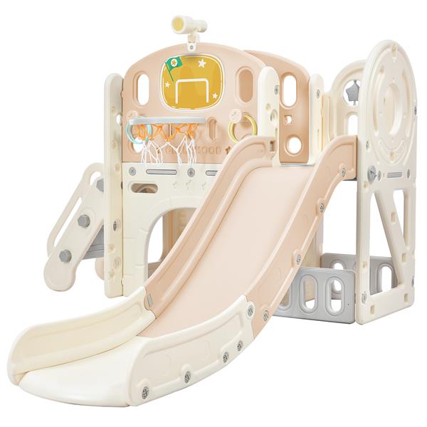 Kids Slide Playset Structure,  Castle Climbing Crawling Playhouse with Slide, Arch Tunnel, Ring Toss, and Basketball Hoop, Toy Storage Organizer for Toddlers, Kids Climbers Playground