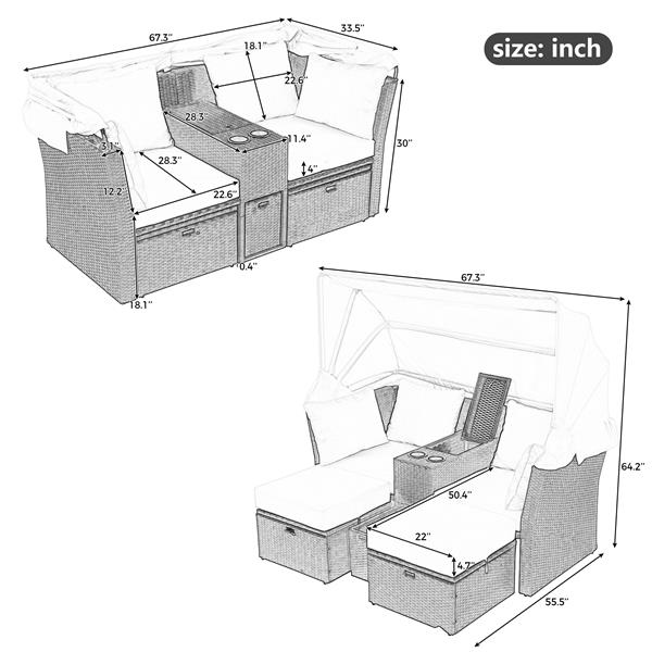 2-Seater Outdoor Patio Daybed Outdoor Double Daybed Outdoor Loveseat Sofa Set with Foldable Awning and Cushions for Garden, Balcony, Poolside, Grey