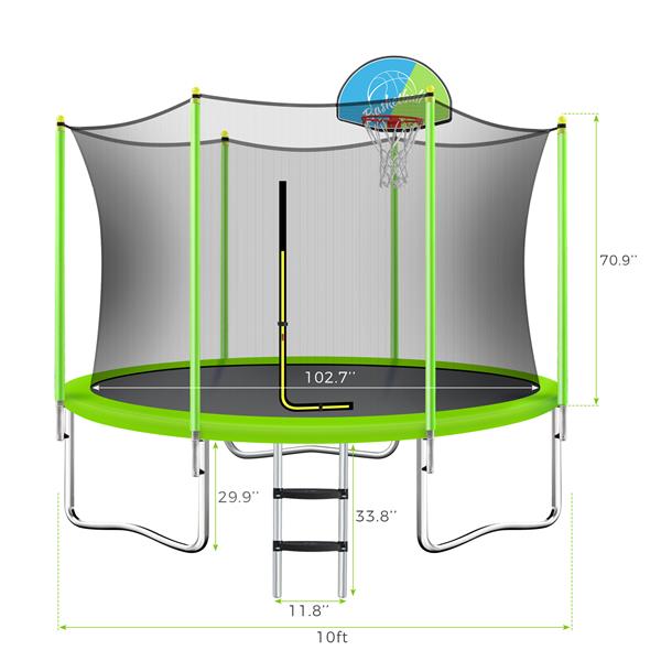 10FT Trampoline for Kids with Safety Enclosure Net, Basketball Hoop and Ladder, Easy Assembly Round Outdoor Recreational Trampoline