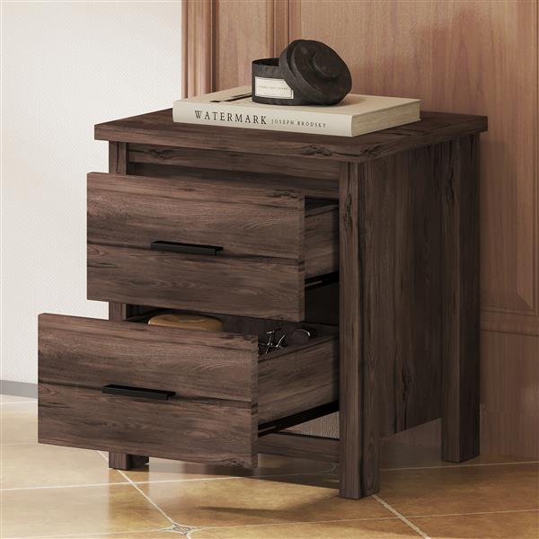 Vintage Two Drawer Nightstand, Simple and Generous Storage Space,Dark Walnut