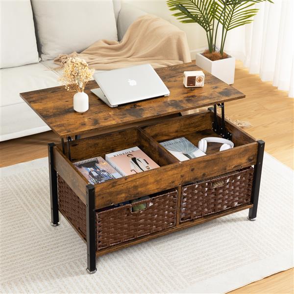 Metal coffee table,desk,with a lifting table,and hidden storage space.There were two removable wicker baskets that could be placed in any space such as the living room,color:brown with fire wood grain